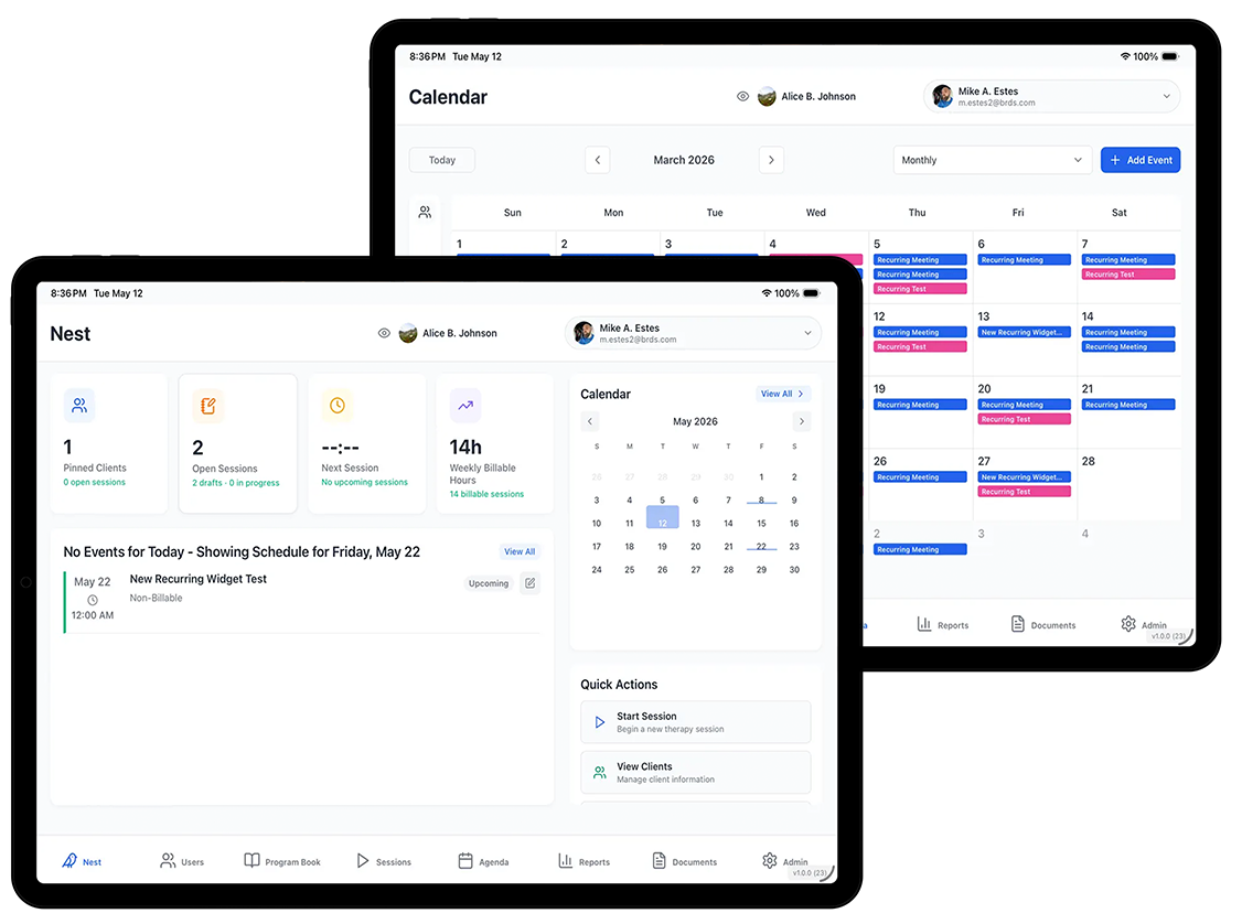 BRDS platform Nest dashboard and calendar scheduling interface for ABA clinics